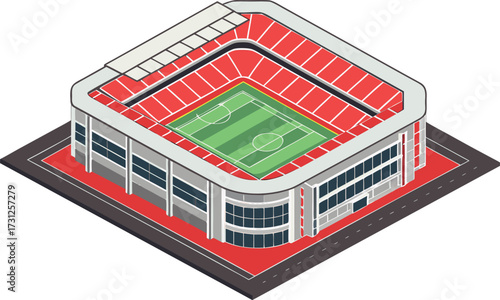 Isometric football stadium with green field red seats and grey building exterior soccer illustration