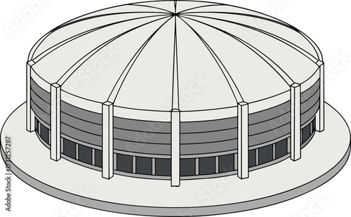 Isometric illustration of a domed stadium building with grey and white sections arena architecture