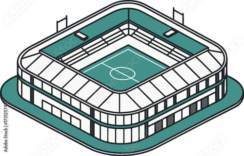 Isometric illustration of a modern sports stadium with a green field and white seating arena soccer