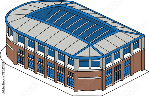 Isometric illustration of a modern stadium building with blue windows and a grey roof arena architecture