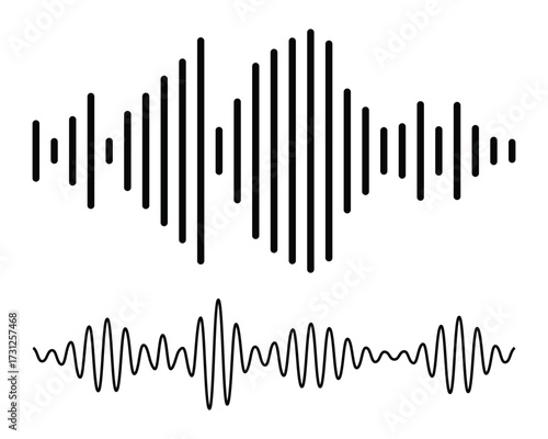 Sound wave collection for music equalizer illustration. Sound wave icon set, black sound waves and audio frequencies, audio wave icons, set of radio wave icons. Sound wave icon on white background