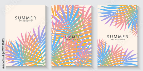 Tropical leaves background. Summer greeting clipart poster set with tropical palm leaves clip art in colorful abstract background collection. exotic Tropical foliage. Design for card, cover, banner,