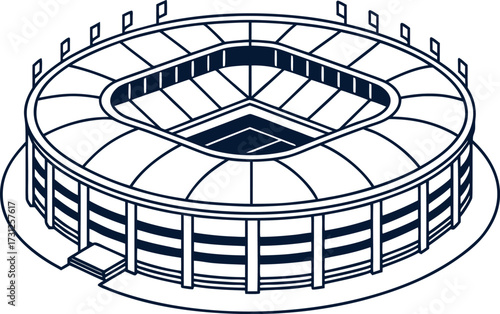 Isometric outline drawing of a sports stadium with dark blue lines on white background arena architecture