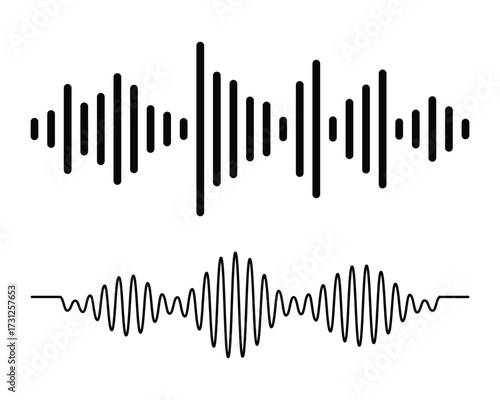Audio waveform icon featuring continuous sound lines, music waves, podcast signals. Continuous thin line sound wave icon. Recording frequency and vocal noise design background.