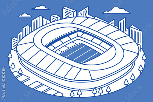 Isometric stadium with city skyline and trees on blue background sports arena