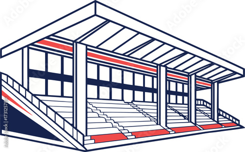 Isometric stadium seating area with dark blue and red accents on white background arena grandstand