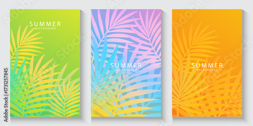 Tropical leaves background. Summer greeting clipart poster set with tropical palm leaves clip art in colorful abstract background collection. exotic Tropical foliage. Design for card, cover, banner,