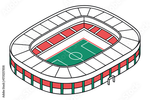 Isometric stadium with green field red seats and white roof sports arena