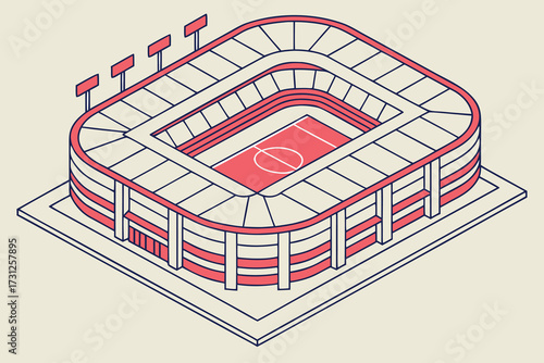 Isometric stadium with red and white seating and field in coral pink and off white sports arena illustration