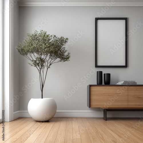 Modern minimalist living room with potted indoor tree, wooden sideboard, empty black frame, and decorative vases on light wood floor