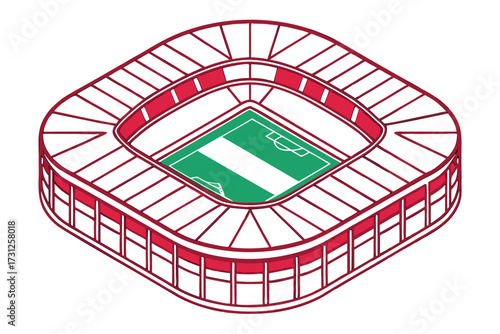 Isometric view of a red and white football stadium with a green field soccer sports
