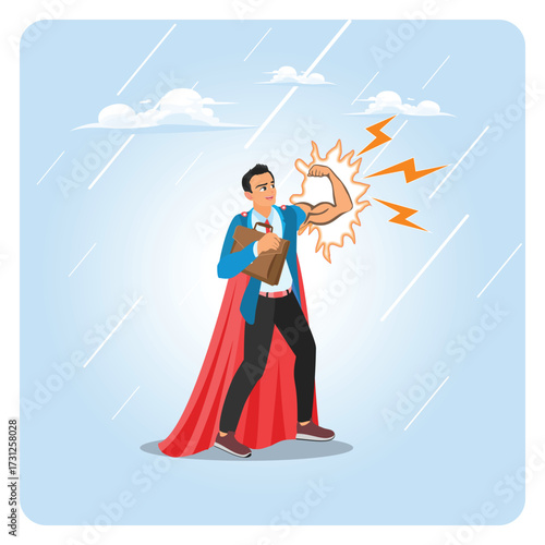 Strength or power to control and finish work. Superhero businessman with superpower to win business.