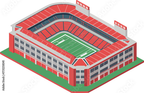 Isometric view of a red and grey football stadium with a green field american football sports