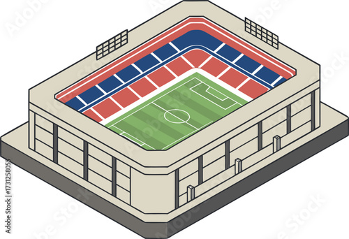 Isometric view of a soccer stadium with green field and red blue seating football stadium sports arena