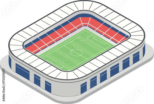 Isometric view of a soccer stadium with green field and red blue seats football stadium sports arena