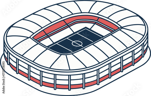Isometric view of a sports stadium with a dark blue field and red accents arena football stadium