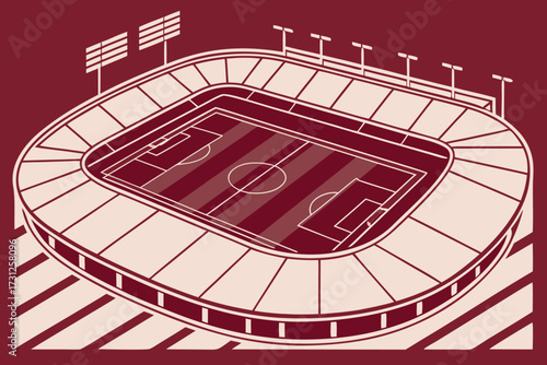Isometric view of a stylized soccer stadium with maroon and beige geometric shapes football stadium sports arena