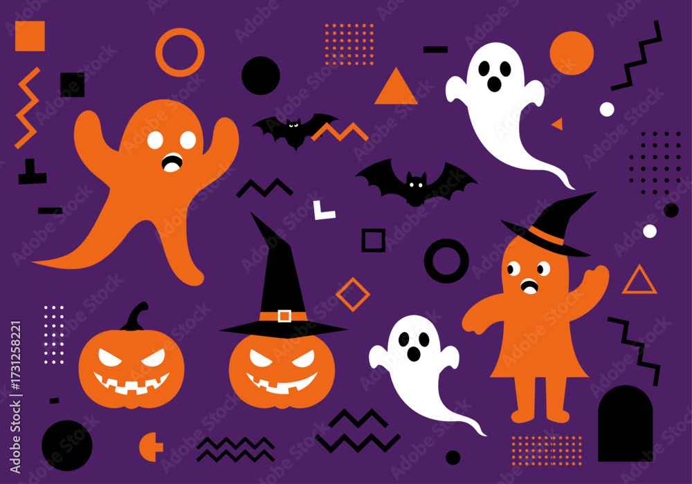 Fototapeta premium Playful Halloween Ghosts, Pumpkins, and Bats Flat Design Illustration on Purple Background