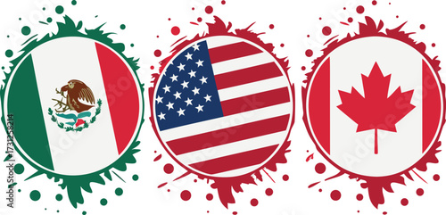 Mexico U S A Canada flags circular emblems with abstract paint splashes and dots Mexico flag USA flag