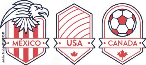 Mexico U S A Canada soccer emblems with eagle soccer ball and maple leaf football