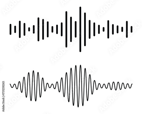 Audio waveform icon featuring continuous sound lines, music waves, podcast signals. Continuous thin line sound wave icon. Recording frequency and vocal noise design background.