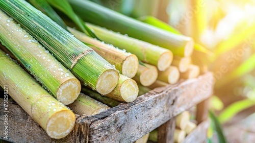 Freshly harvested sugarcane stalks stacked on a wooden crate, showcasing the vibrant green hues and textures of this important agricultural crop, illuminated by warm sunlight.