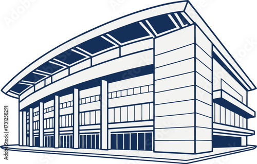 Modern stadium building facade with blue and white architectural lines architecture