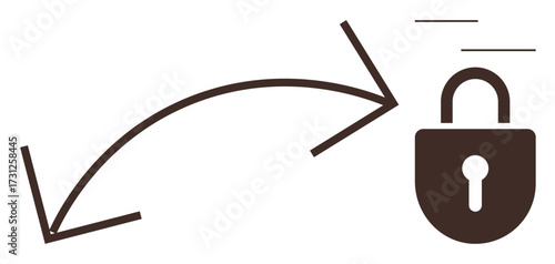 Curved arrow leading to padlock symbolizing protection, security, and access. Ideal for cybersecurity, privacy, data encryption, authentication, access management safety confidentiality. Simple