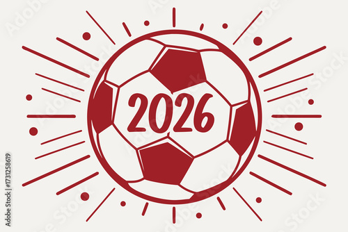 Red soccer ball with 2026 year and radiating lines on cream background football numbers