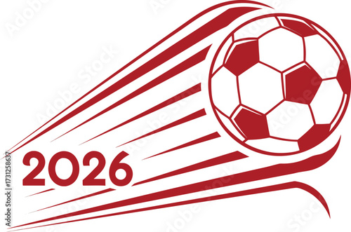 Red soccer ball with motion lines and the year 2026 football sport