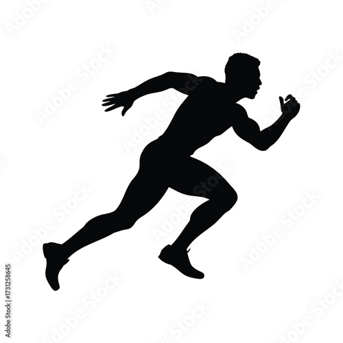 Silhouette of a muscular man in running pose against a white background, male athlete sprinting silhouette vector illustration