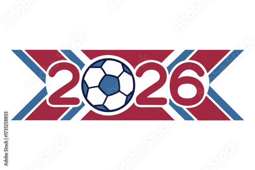 Soccer ball and 2026 numbers in red and blue geometric design football year