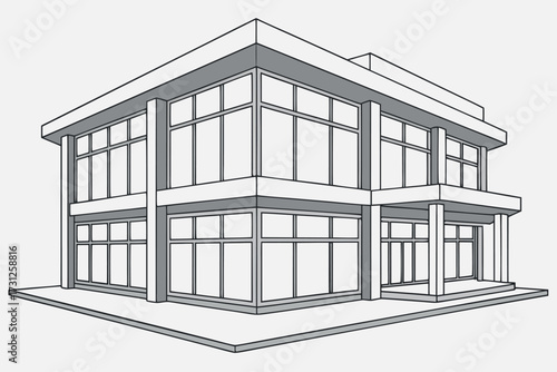 Simple line drawing of a modern two story building with large windows and concrete pillars architecture