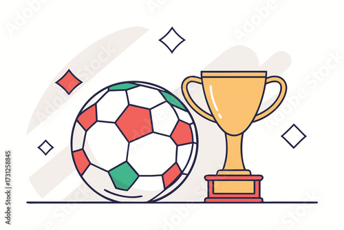 Soccer ball and golden trophy with abstract shapes and white background football award