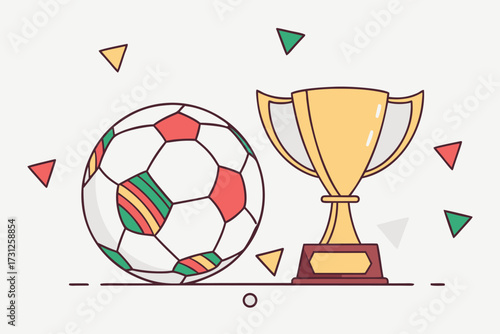 Soccer ball and golden trophy with colorful confetti and dashed line football award