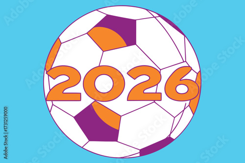 Soccer ball graphic with 2026 numbers in orange and purple on blue background football year