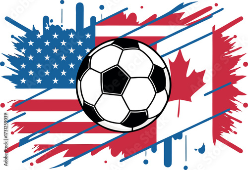 Soccer ball on abstract U S A and Canada flags with paint splatters and lines football USA flag