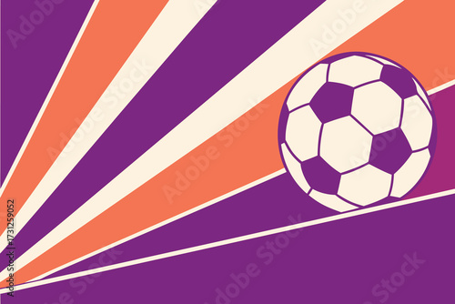Soccer ball on abstract retro sunburst background in purple orange cream football sport