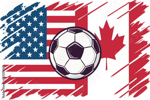 Soccer ball on distressed American and Canadian flags background football sport