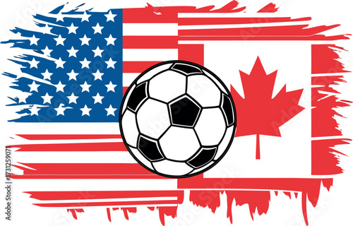 Soccer ball on distressed American and Canadian flags side by side football USA flag