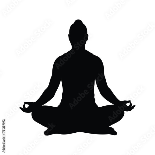 Silhouette of a person meditating in the lotus position for calmness, man meditating crosslegged silhouette vector illustration
