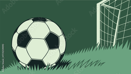 Soccer ball on grass near goal net in minimalist green and cream illustration football field