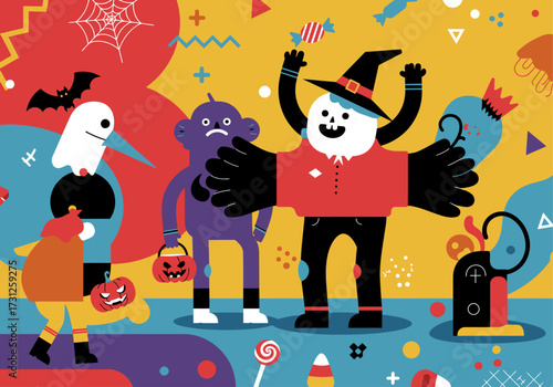 Colorful Halloween Celebration with Whimsical Characters and Festive Treats