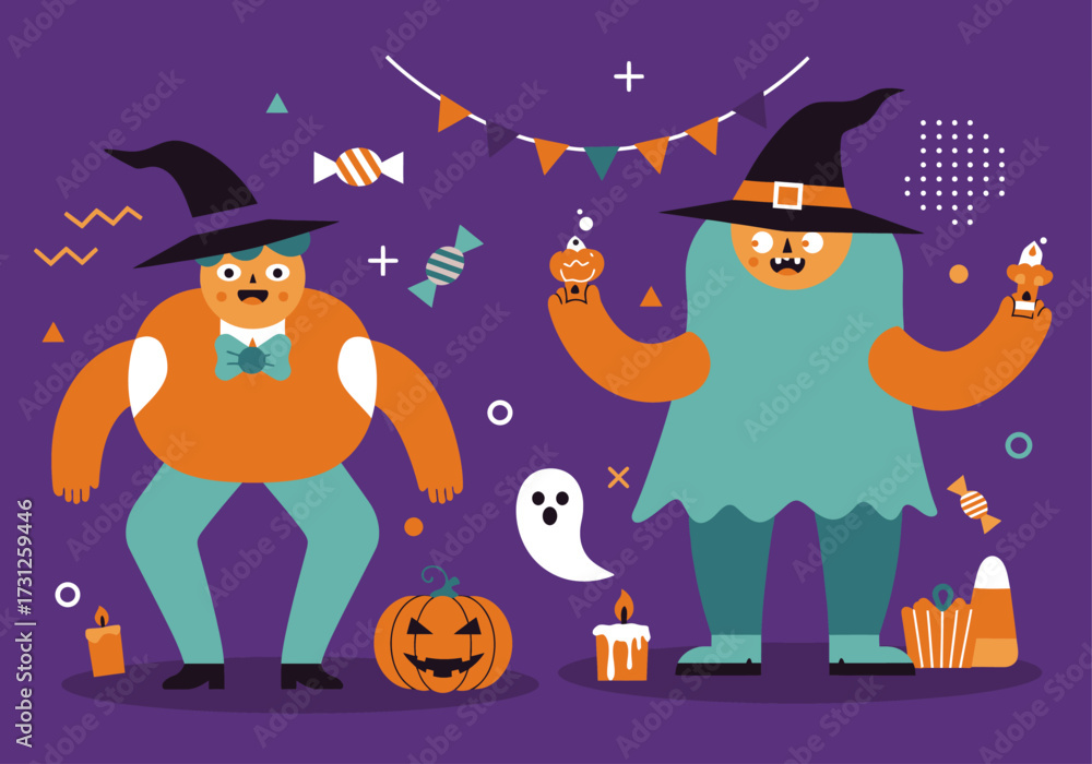 Fototapeta premium Flat Design Halloween Illustration with Witches, Ghost, Pumpkin, and Candies