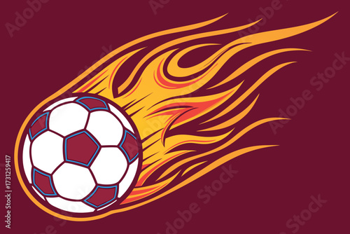 Soccer ball with fiery trails on a maroon background football sport