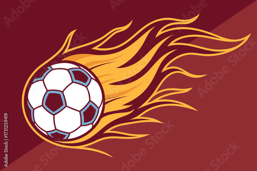 Soccer ball with fiery flames in motion on a maroon background football fire