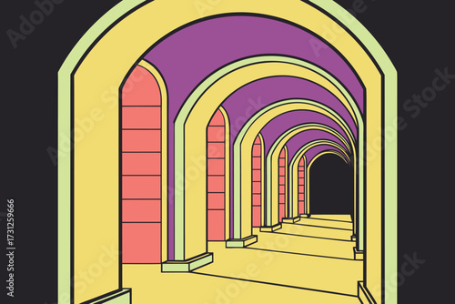 Stylized arched corridor with purple yellow and coral geometric shapes hallway arches