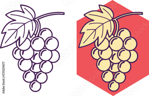 Stylized bunch of light yellow grapes with purple outlines on red hexagon background fruit food