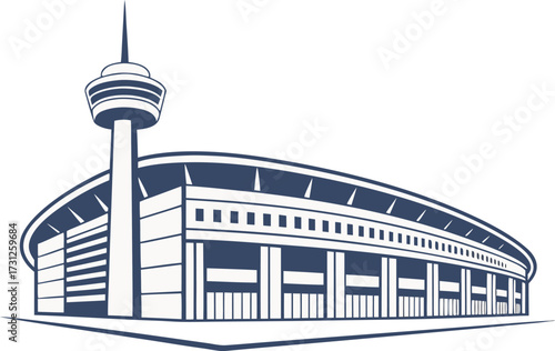 Stylized dark blue and white illustration of a modern stadium with a tall tower arena sports venue
