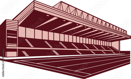 Stylized illustration of a sports stadium grandstand and running track in maroon and pink athletics